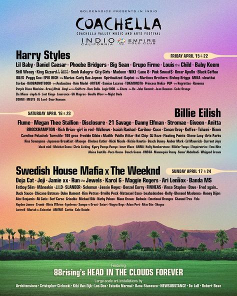 Coachella Music Festival 2022 - Music Festival Wizard Coachella, Kanye West, Los Angeles, Big Sean, Harry Styles, Posters, Summer, Coachella Poster, Coachella Music