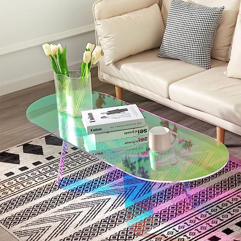 🌈【47.2“ Large Charming Iridescent Table】- It is a collection of low-laminated acrylic tables with a distinctive iridescent multicolored finish that changes colors based on the spectator's light source, angle, and position. Since it is 47.2 inches larger than the widely sold rainbow iridescent coffee table, it fits better with your sofa and delivers a better experience. 🌈【Durable Acrylic Coffee Table】-The thick-walled end table, expertly crafted from acrylic, is very resistant to temperature ch Inspiration, Diy, Design, Lucite Coffee Tables, Oval Coffee Tables, Coffee Table Wayfair, Clear Coffee Table, Cool Coffee Tables, End Tables