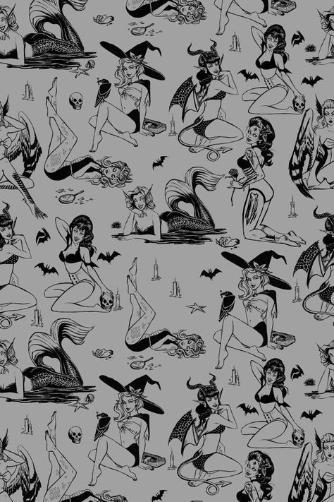 grey background with various women dressed in pinup style of different halloween costumes like a siren, a vampire, a witch, a devil, an angel, medusa, and a “day of the dead” themed costume. there are also little bats scattered around. Halloween, Vintage, Art, Retro, Spooky Halloween, Witchy Wallpaper, Spooky Halloween Wallpaper Aesthetic, Gothic Wallpaper, Spooky Szn Wallpaper Aesthetic