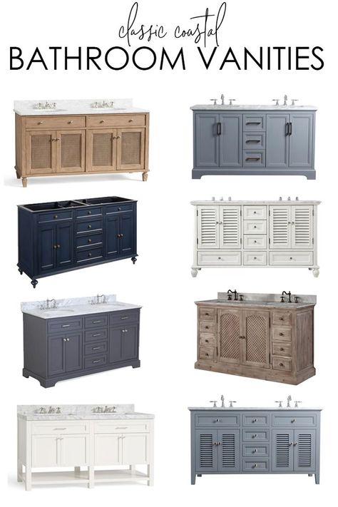 A collection of beautiful bathroom vanities that work well for a variety of budgets and decorating styles. Includes classic, coastal vanity options too! #bathroom #bathroomvanity #bathroomdecor