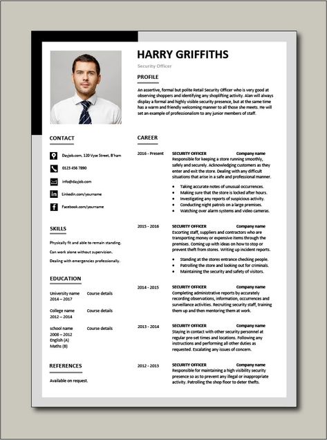 Immediately download this Free Security Officer CV template. Ideal for any Corporate, Retail or Building security jobs. It is in Microsoft Word (DOC) format, easy to edit, printable and can be fully customised. #CV #template #Resume #Free #Job #application #MS #Word #Corporate #Retail #Building #Bank #Guard Manager Resume, Job Application Cover Letter, Professional Cv Template Free, Business Development, Resume Format, Resume Examples, Cv Resume Template, Application Cover Letter, Modern Cv Template Free