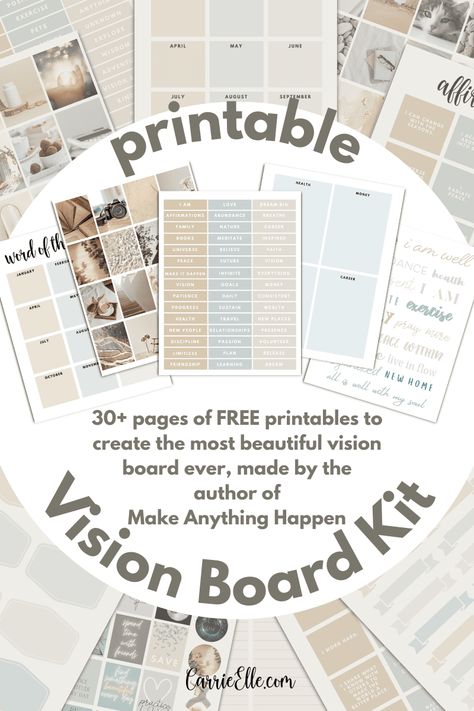 Free Printable Neutral Vision Board Kit - Carrie Elle Filofax, Planners, Diy, Ideas, Mindfulness, Coaching, Motivation, Printable Vision Board Template, Kids Vision Board