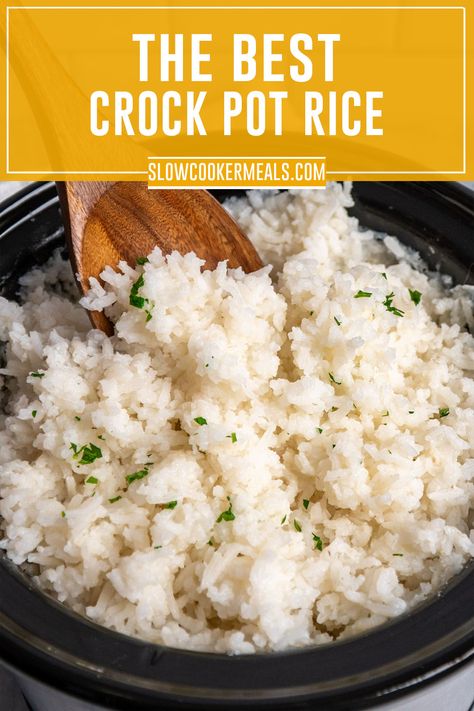 Close up of rice in a crock pot. Easy Rice Crockpot Recipes, Rice Slow Cooker Recipes Crockpot, Rice In Crock Pot Recipe, How To Make Rice In A Crock Pot, Crock Pot White Rice, Rice In The Crockpot How To Cook, Rice In Slow Cooker How To Cook, Slow Cooker White Rice, Cooking Rice In A Crockpot
