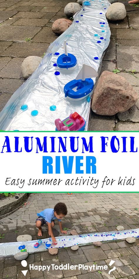 How to Make an Aluminum Foil River for Summer - HAPPY TODDLER PLAYTIME Pre K, Activities For Kids, Toddler Learning Activities, Outdoor Activities For Kids, Outside Activities, Daycare Activities, Toddler Play, Summer Activities For Kids, Play Activities