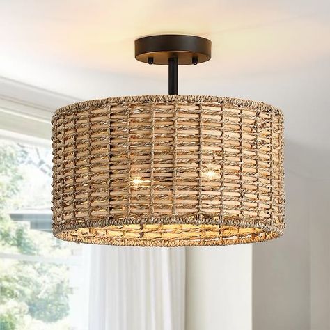 Lennie 13.6 in. 2-Light Natural Rattan Drum Semi-Flush Mount Ceiling Light - 13.6 in. W - Bed Bath & Beyond - 36958149 Exterior, Home, Interior, Chandeliers, Rattan Light Fixture, Ceiling Light Fixtures, Boho Light Fixture, Flush Ceiling Lights, Ceiling Lights