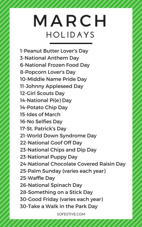 March Holidays- Random March Food Holidays Planners, St Patrick's Day, Organisation, Pre K, April 4th, March Holidays, National Holidays, Holiday Humor, National Holiday Calendar