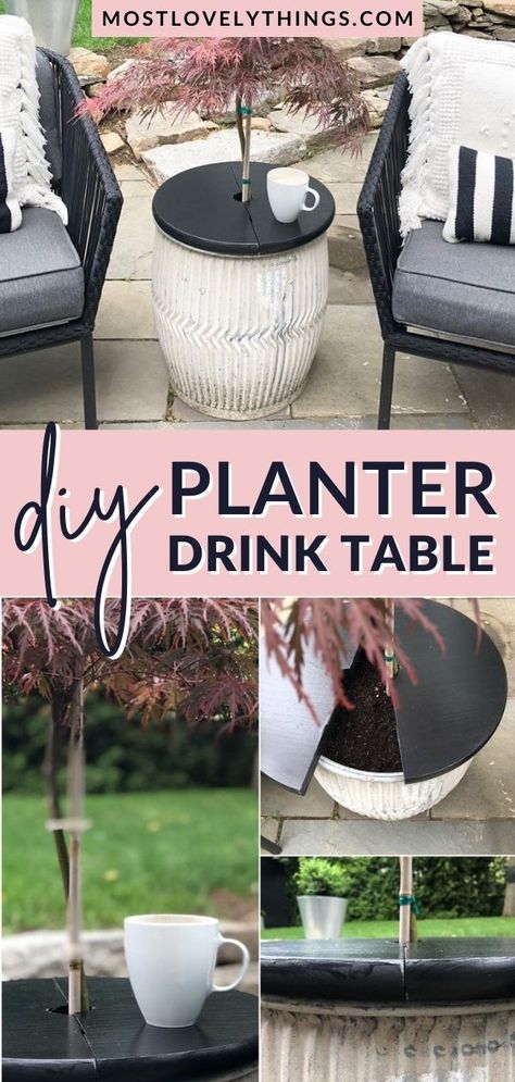 This DIY side table planter is perfect between the chairs with a mini Japanese Maple. For this drink table, we used a round piece of wood from Home Depot that comes in several sizes. The 17″ piece was perfect for our table. Just cut a hole in the middle and then cut it in half. We painted it using outdoor Behr paint and also gave it a coat of varathane in a matte finish. You can easily remove the table top so that the tree gets enough water, but it makes the perfect little side table. Camper, Gardening, Interior, Outdoor, Crafts, Diy Planters, Diy Outdoor Table, Diy Side Table, Diy End Tables