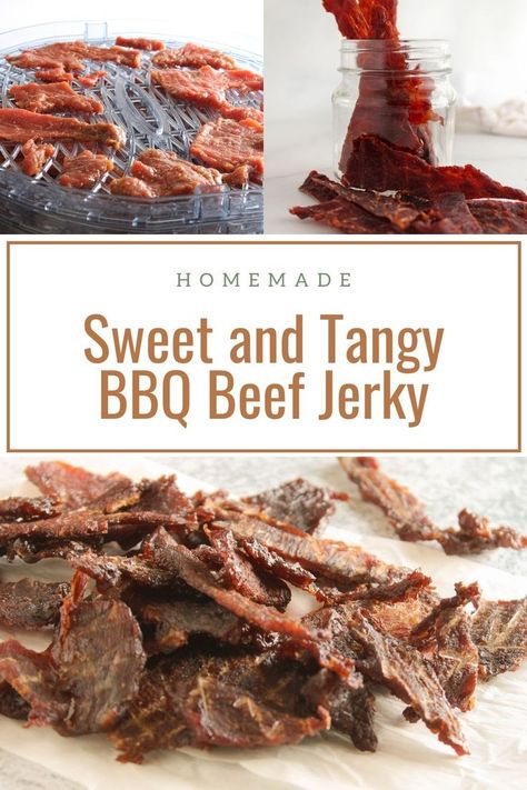 Sweet and Tangy BBQ Beef Jerky in a baking sheet Teriyaki Beef Jerky, Beef Jerky, Sweet Teriyaki Beef Jerky Recipe, Deer Jerky Recipe, Teriyaki Beef Jerky Recipe Dehydrator, Smoked Beef Jerky, Beef Jerky Recipes, Easy Beef Jerky