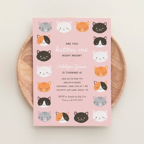 Invitations, Pink, Girl Birthday Party Invitations, Cat Birthday Party Invitations, Birthday Party Invitations, Birthday Invitations, Kitten Birthday Party, Birthday Party Invitation Templates, Birthday Party