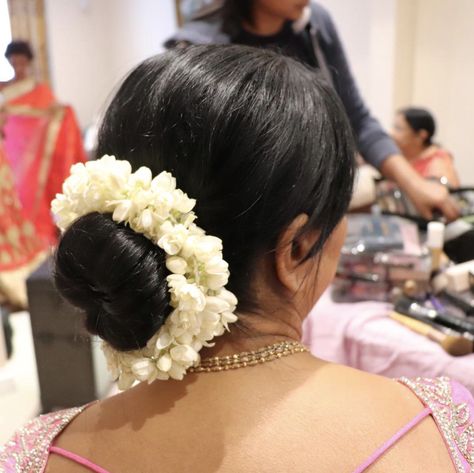 Low bun with jasmine flower created for mother of the groom by Yugala Hair Bride, Boho, Hair Styles, Asian Bridal, Jasmine Hair, Bun, Groom, Western Hair, Western Hair Styles