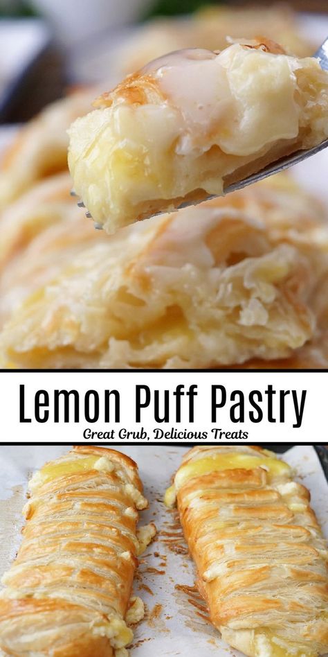 A double collage photo of lemon puff pastry. Pasta, Brunch, Paleo, Pie, Desserts, Dessert, Mini Desserts, Sweet Puff Pastry, Sweet Puff Pastry Recipes
