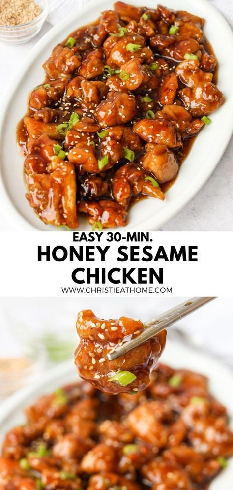 30-min. Easy Honey Sesame Chicken. Crispy fried chicken smothered in a sweet thick honey sesame sauce. A popular dish at Chinese restaurants for good reason! #easy sesame chicken recipe #easy honey garlic chicken #sesame chicken recipes Healthy Recipes, Desserts, Easy Sesame Chicken, Sesame Chicken Recipes, Sesame Chicken Sauce, Sesame Chicken Recipe, Honey Sesame Chicken, Honey Garlic Chicken Thighs, Sesame Chicken