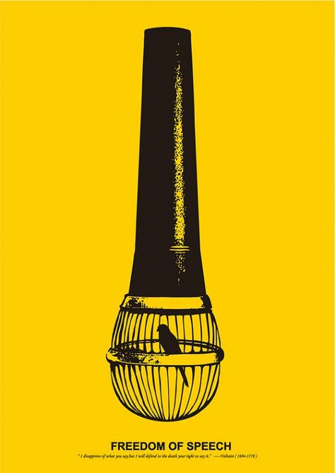 "This poster by Pei-Ling Ou says a lot in a small yellow and black illustration. Freedom of speech is an essential human right, and yet so many people are stripped of it. It’s time for us to stand up and defend our right." Graphic Design Posters, Graphic Design, Design, Art, Street Art, Poster Art, Art Design, Poster, Creative Posters