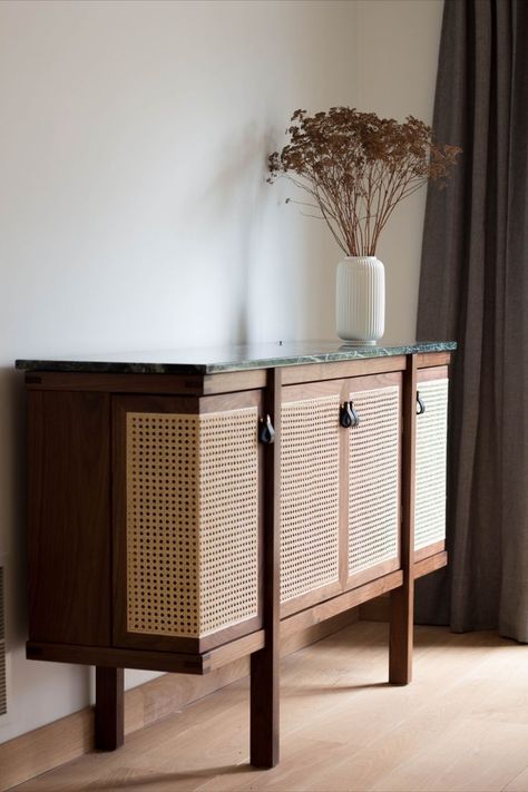 This collectible furniture piece is shown in walnut frame, Verde Valsugana marble top, rattan panel doors and fitted with brass hardware. The credenza can be customized by wood type, stone top and size. Furniture Design, Modern Furniture, Ikea, Sideboard, Rattan Furniture, Sideboard Designs, Furniture Decor, Cane Furniture, Credenza Design