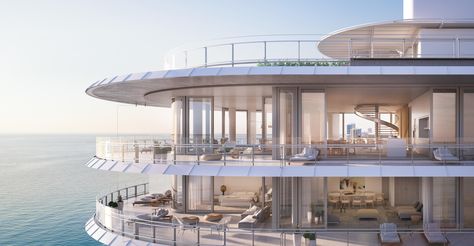 Each of these two massive penthouses (one is a total of 16,971 square feet, including the exterior) has a private curved terrace. Designed by Renzo Piano. | archdigest.com Architectural Digest, Architecture, Miami Penthouse, Miami Condo, Miami Houses, Residential Building, Luxury Penthouse, Residential, Penthouse
