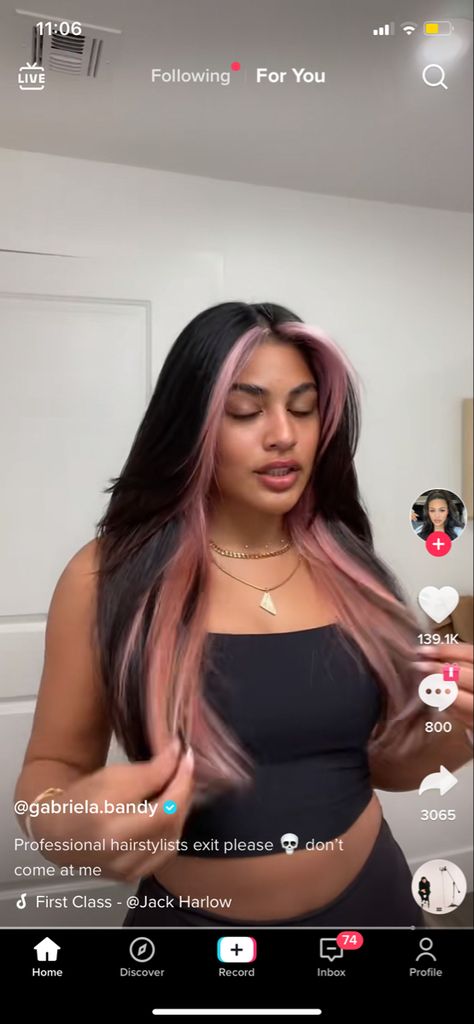Balayage, Hairstyle, Highlights, Pink Strands In Black Hair, Peekaboo Highlights, Pink Peekaboo Highlights, Egirl Hair Strands Pink, Hair Inspo, Split Dyed Hair