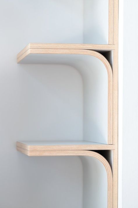 A close up of a bespoke #curved #plywood shelf Lozi made for a client's #dressing #room. Interior, Furniture Design, Curved Furniture, Plywood Shelves, Plywood Furniture, Plywood Chair, Plywood Furniture Plans, Chair Design, Furniture Details Design