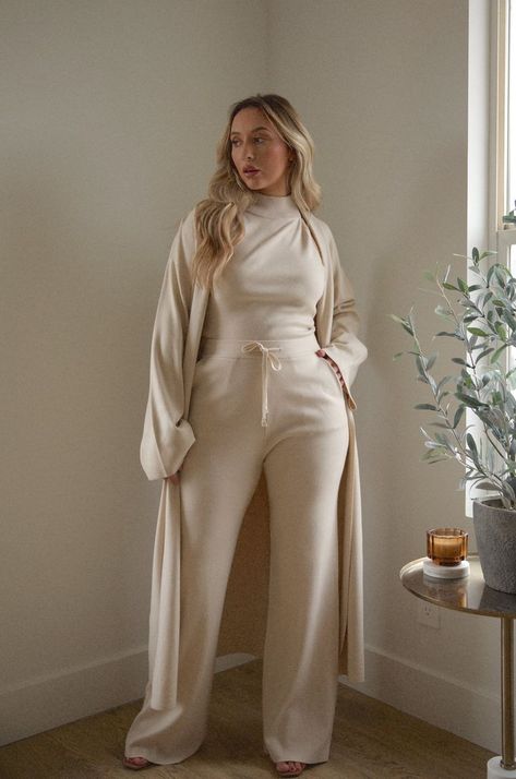 Outfits, Plus Size Outfits, Sleeveless Turtleneck Top, Sleeveless Turtleneck, Modest Fashion Outfits, Knit Lounge Set, Modest Fashion, Modest Outfits, Cream Outfits