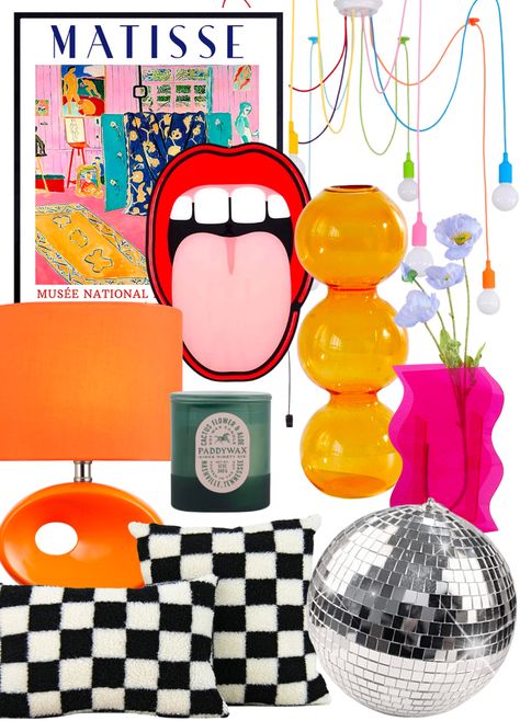 Black and white checkered throw pillows, pink vase, orange bubble vase, disco ball, green candle, neon sign, lips decor, Matisse print, orange lamp, colorful decor, eclectic aesthetic. Interior, Inspiration, Neon, Home, Home Décor, Colorful Eclectic Decor, Funky Eclectic Decor, Colorful Pillows, Colorful Eclectic Bedroom