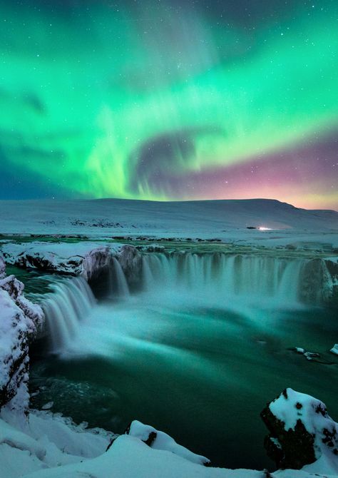 Look at the beautiful Northern Lights dancing over Godafoss Waterfall. This place is located in the North of Iceland. While we do not recommend a self-drive tour around the whole country during winter time, we can arrange a flight from Reykjavik to the North for you. Read more about our winter North and South tour by clicking this pin. Iceland, Wanderlust, Northern Lights, Nature, Northern Lights Iceland, Iceland Nature, Northern Lights Photography, Iceland Photography, North Iceland