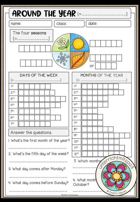 This is a fun ESL worksheet to practice the months, days of the week and seasons. Teaching, Worksheets, Seasons Worksheets, Seasons Activities, Worksheets For Kids, English Lessons For Kids, English Activities For Kids, Teaching English, English Worksheets For Kids