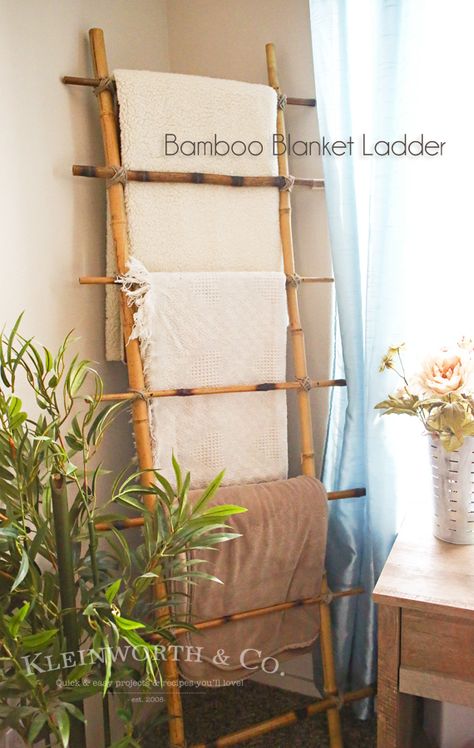 I have seen so many versions of DIY wooden ladders for the home.  I love these DIY ladders because, depending on the design, they work for towels, blankets, books, plants, CD’s, etc. and the look of a ladder goes with pretty much any decor. One thing I have yet to see, until today, is a … Home Décor, Diy, Bamboo Blanket, Bamboo Furniture, Bamboo Decor, Bamboo Diy, Bamboo Crafts, Bamboo Design, Bamboo