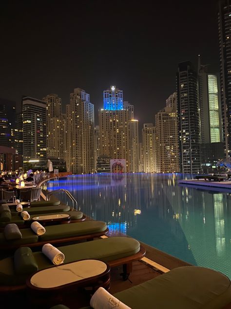 Rooftop pool in Dubais Adress hotel Trips, Instagram, Dubai, Hotel Pool, Rooftop Pool, Dubai Hotel, Pool City, Pool At Night, Dubai Luxury