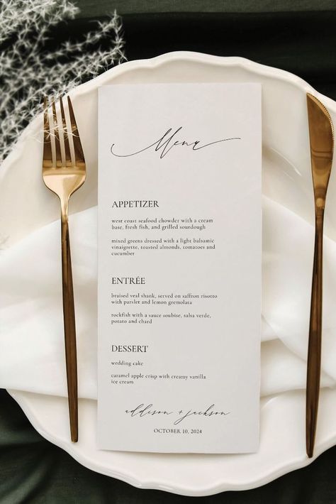 This boho minimalist wedding menu template has a simple design, perfect for any wedding! Use this template to edit the fonts, font colour, and background colour to match your event needs.
🤍 DEMO LINK:
https://templett.com/design/v2/demo/Lucy96/16754891
🤍 INSTANT DOWNLOAD:
- Access your template after your purchase.
- Edit in your browser using TEMPLETT
- No need to download any software
🤍 WHAT'S INCLUDED:
Wedding Menu
- 4x9 inches
-PDF Instructions Guide Wedding Cakes, Seafood Chowder, Wedding Desserts, Toasted Almonds, Mixed Greens, Wedding Menu, Braised, Wedding Menus Design, Caramel Apple Crisp