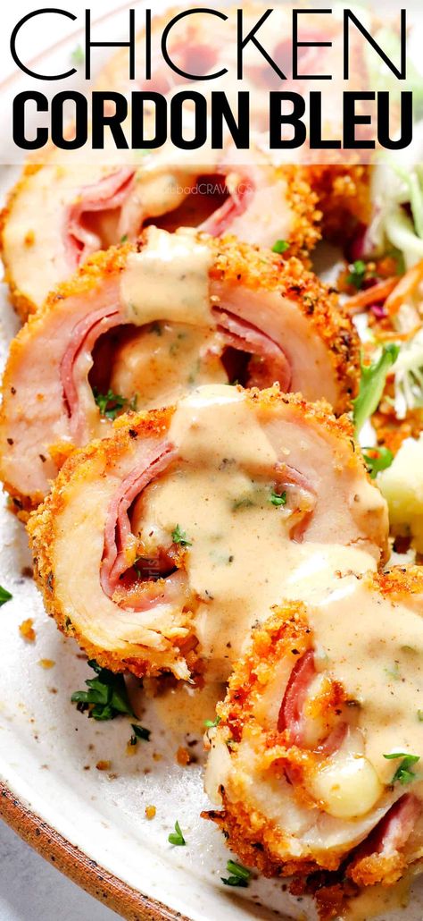 Chicken Cordon Bleu - Carlsbad Cravings Impressive Dishes To Cook, Chicken Ham Cheese Recipes, Chicken Stuffed With Ham And Cheese, Showstopper Dinner, Chicken With Ham And Cheese, Chicken And Ham Recipes, Gruyere Chicken, Fried Chicken Cordon Bleu, Chicken Cordon Bleu Easy