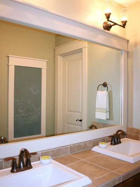 Expert designer Janell Beals transforms a bathroom mirror by adding decorative trim in this how-to on HGTV.com. Interior, Home Décor, Home, Bathroom Mirror Frame, Large Bathroom Mirrors, Bathroom Mirror, Bathroom Mirrors Diy, Bathrooms Remodel, Mirror Wall Bathroom