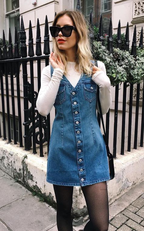 Outfits, Demin Dress Outfit, Mini Dress Outfits, Demin Dress, Jumper Dress Outfit, Denim Dress Fall, Jumper Dress Outfit Denim, Fall Dress Outfit, Denim Dress Outfit