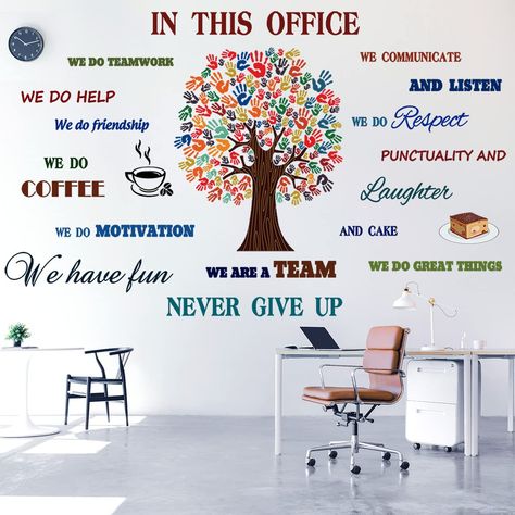 PRICES MAY VARY. Office well decal: You will get a piece of inspirational Quotes stickers written “in this office we are a team, we do help, we communicate and listen, we do friendship, we do teamwork, we do coffee“. Positives quotes To Remind Everyone, team spirit can lead us to success. Let you reach your full potential. Widely applicable: The inspirational word wall stickers can be applied to most smooth and clean surfaces, such as wall, doors, windows, mirror, desktop, etc.. This inspiration Ideas, Decoration, Office Work Quotes, Office Quotes Wall, Break Room, Office Decor, Office Wall Decor, Office Wall Decals, School Wall Decoration