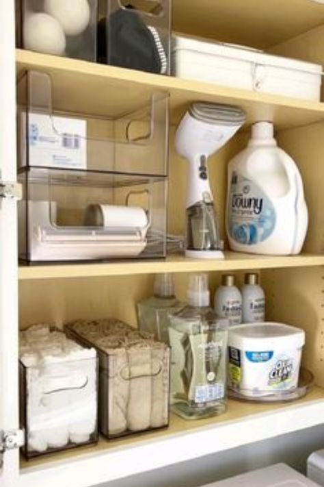 (paid link) Organizing your laundry room can be a daunting task, but there are numerous ideas to help make it feel less overwhelming. Consider using collapsible hampers to save space and store items in labeled baskets for easy access. Install shelves or a pegboard above the washer and dryer to hold detergents, fabric softeners, and other laundry items instead of taking up valuable counter space. Add hooks or a coat rack on the back of the door for hanging clothes or extra linens. Wardrobes, Laundry Room Organization, Laundry Organization, Laundry Closet Organization, Laundry Room Decor, Laundry Room Diy, Small Pantry Organization, Laundry Room Makeover, Linen Closet Organization