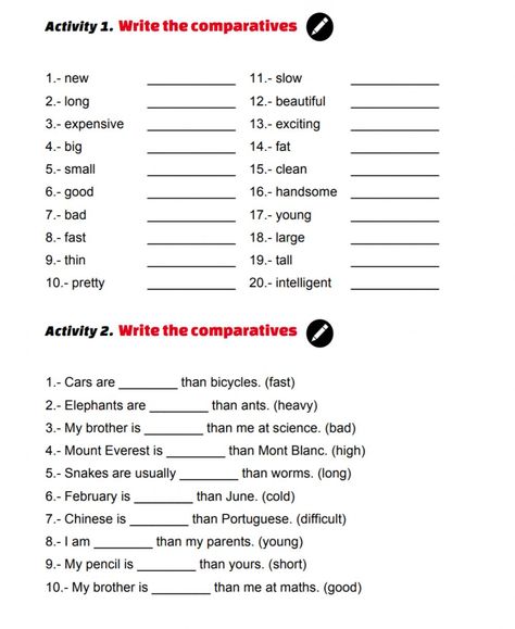 Comparatives online activity for Grade 3. You can do the exercises online or download the worksheet as pdf. Worksheets, Comparative Adjectives Worksheet, Comparative Adjectives Exercises, Grammar For Kids, English Grammar For Kids, Comparative Adjectives, Nouns And Adjectives, Grammar Worksheets, Adjectives Activities