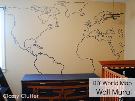 DIY World Map Wall Mural - could just block and label continents to make it simple... Decoration, Diy, Wall Décor, Silhouette Projects, Wall Art, World Map Wall, Wall Mural, World Map Mural, Map Wall Mural