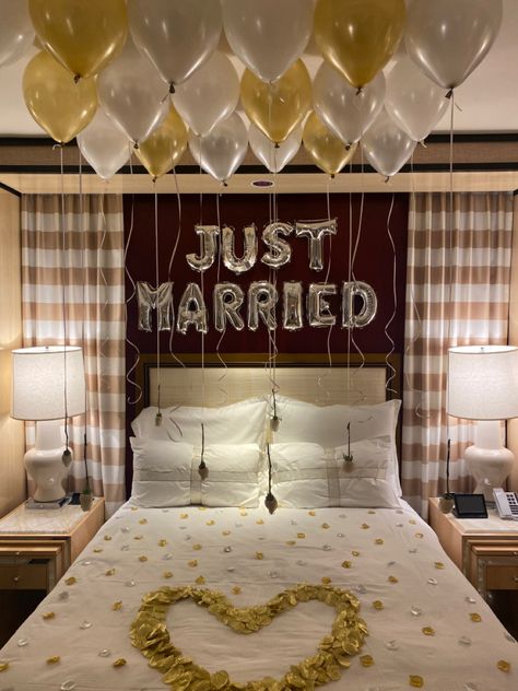 Married Decor, Just Married Room Decoration, Wedding Night Room Decorations, Wedding Night Room Decorations Romantic, Wedding 1st Night Room Decoration, Wedding Room Decorations, Wedding Night, Wedding Bed, Wedding Bedroom