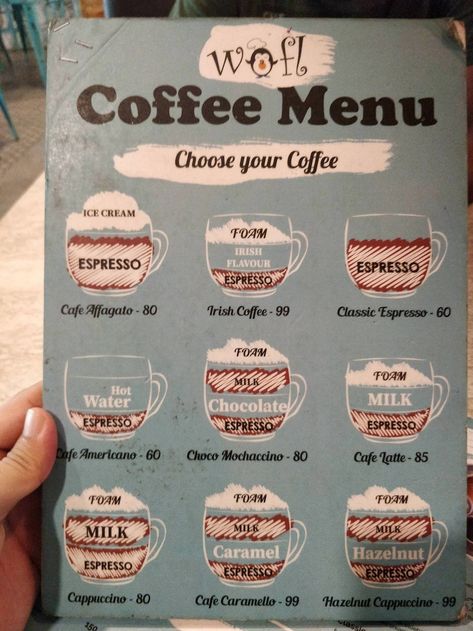 This coffee shop menu illustrates the difference between various espresso drinks: 15 Bar And Restaurant Menus That Are Straight-Up Living In 3019 Starbucks, Coffee Menu, Coffee Shop Menu, Coffee Menu Design, Drink Menu, Espresso Drinks, Coffee Business, Starting A Coffee Shop, Coffee Cafe