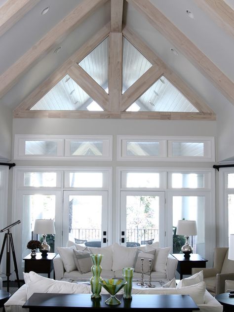 White living room with vaulted ceiling                                                                                                                                                                                 More Exterior, Vaulted Ceiling Living Room, Vaulted Ceiling, Living Room Windows, Window Room, Cathedral Ceilings, Home Living Room, Gorgeous Windows, New Living Room