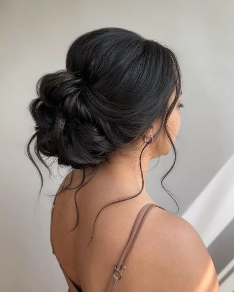Updos For Long Hair For Wedding, Updo Hairstyles For Wedding Bride, Brunette Bridesmaid Updo, Messy Updo Dark Hair, Messy Updo Bridesmaid, Bridesmaids Updo Hairstyles, Indian Wedding Hairstyles Updo, Lose Updo Hairstyles Wedding, Updo Prom Hairstyles For Long Hair