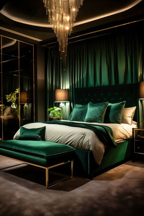 Luxurious modern bedroom in deep black and vibrant emerald, featuring a king-size canopy bed with drapes, emerald velvet bench, and recessed lighting. Green Bedding, Emerald Green Rooms, Green Bedroom Decor, Emerald Green Bedrooms, Velvet Bedroom, Bedroom Green, Green Rooms, Black Modern Bedroom, Emerald Bedroom