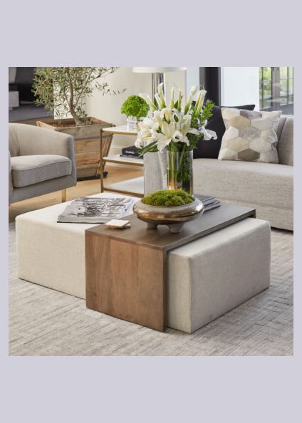 [SponsoredPost] Cream Fabric And Birch Wood Block Coffee Table Ottoman #ottomancoffeetabledecor Sofas, Large Ottoman Coffee Table, Upholstered Coffee Tables, Ottoman In Living Room, Ottoman Coffee, Ottoman Coffee Table Decor, Ottoman Table, Coffee Table Square, Couch