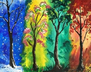 tree painting four season colorful Art, Watercolour Art, Tree Art, Four Seasons Painting, Tree Drawing, Four Seasons Art, Painting For Kids, Colorful Trees, Seasons Art