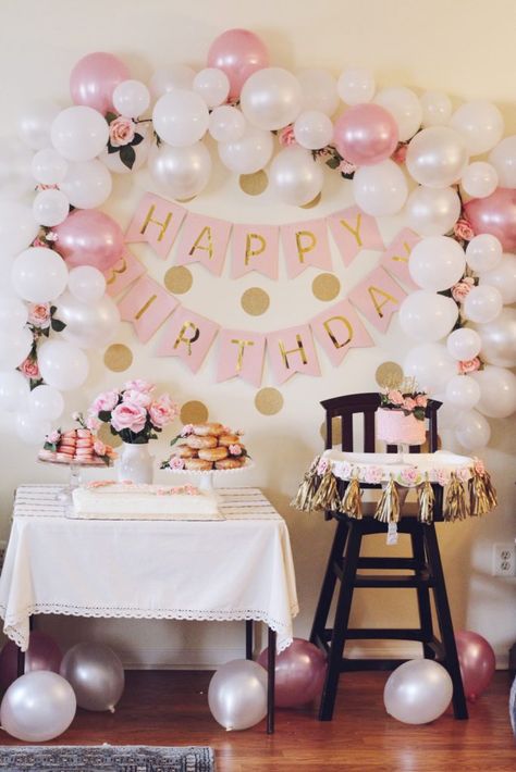 Project Nursery - diy party pink floral gold polka dot first birthday party macarons donuts smash cake birthday cake balloon arch First Birthday Decorations, 1st Birthday Decorations, 1st Birthday Girls, First Birthday Parties, 1st Birthday Parties, Gold First Birthday, Girls Birthday Party, Birthday Party Decorations