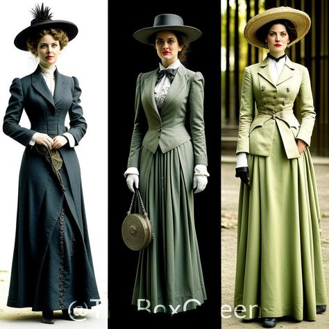 edwardian woman suits Victorian Clothing Women, Edwardian Era Dress, Edwardian Gowns, Edwardian Dress Casual, Edwardian Dress, Victorian Clothing, Edwardian Fashion Dresses, Edwardian Walking Dress, 1910 Dress