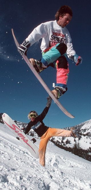 Slide back into fashion. Terry Kidwell and Shaun Palmer, 1988. http://win.gs/1g84mgK Image: © Bud Fawcett #snowboarding #fashion #80s #halfpipe: Action, Winter Sports, Retro, Winter, Wakeboarding, Snowboarding Gear, Ski Wear, Skiing & Snowboarding, Ski And Snowboard