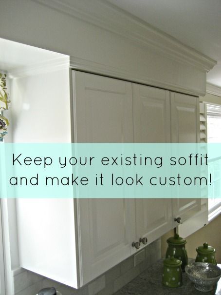 Use crown molding and cabinet trim to make soffit look custom. Cabinets are Ikea Lidingo. Cabinets, Ikea, Home Décor, Home, Kitchen Soffit, Cabinet Trim, Cabinet, Custom Cabinets, Ikea Hack