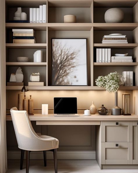 Home Office With Storage Ideas, Home Office Design Ideas For Two, Office Built Ins Small Space, Desk Area In Hallway, Desk Office Home, Living Room With Office Desk, Small Home Offices In Bedroom, Small Narrow Office Space Ideas, Small Home Offices For Two