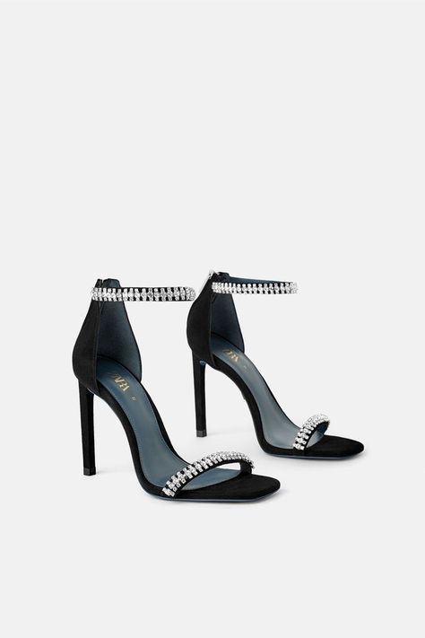 Zara Heeled Sandals With Sparkly Beading High Heel Sandals, Mid Heel Sandals, Sandals Heels, Leather Sandals, Heeled Sandals, Black Sandals, Shoes Heels, Black Leather Heels, Leather Heels