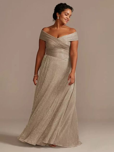 Oleg Cassini David's Bridal plus-size mother-of-the-bride dress with off-the-shoulder neckline and long skirt in gold Gowns, Evening Gowns, Outfits, Gold Plus Size Dresses, Plus Size Gowns, Brides Mom Dress Plus Size, Mother Of The Bride Dresses Plus Size, Pleated Bodice, Mother Of The Bride Dresses Long