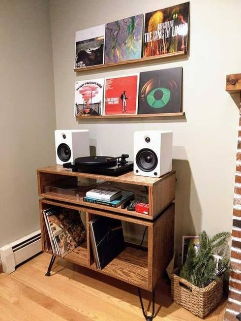 Record Players, Studio, Record Player Living Room Ideas, Record Player Table, Home Music Rooms, Vinyl Record Furniture, Record Storage, Record Room, Vinyl Record Room